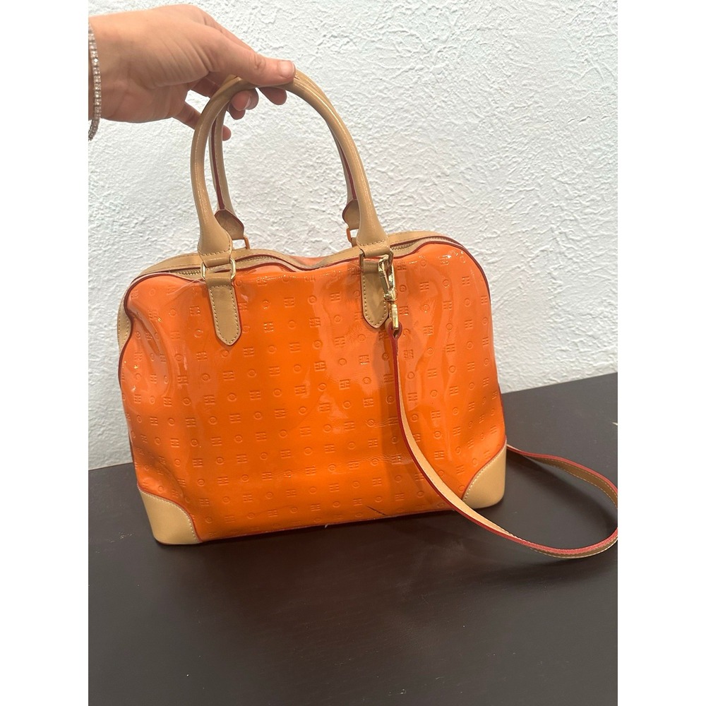 Arcadia Orange Patent Leather Satchel Bag Tan Trim Shoulder Strap Made in Italy
